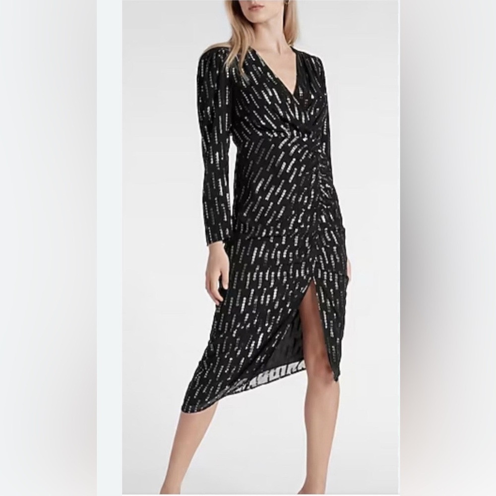 Express Black Silver Pattern Long Sleeve Dress asymmetric front
